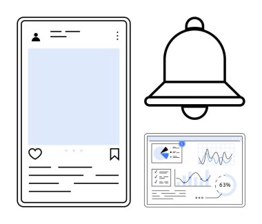 Sosyal medya çizelgesi, bildirim çanı ve grafikli analitik paneli. Sosyal ağlar için ideal, veri takibi, uygulama tasarımı, tebligatlar, katılım, verimlilik düzeyi