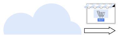 Vitrinin yanında bulut sembolü, alışveriş arabası ve satın alma tuşu, sağı gösteren ok. E-ticaret, çevrimiçi perakende, bulut hesaplama, dijital pazar, İnternet alışverişi ve tüketici için ideal
