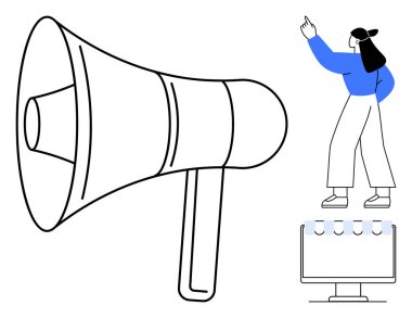 Büyük boy megafon, yukarı doğru hareket eden bir kadın, sekmeli bilgisayar monitörü. İletişim, duyurular, pazarlama, savunma, liderlik motivasyon dijital stratejisi için idealdir. Düz basit metafor