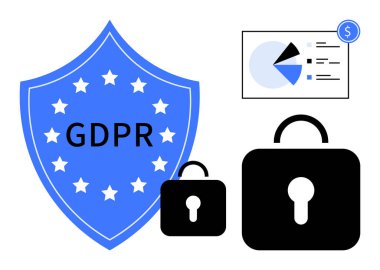 Yıldızlı GDPR kalkanı, iki kilit ve veri koruması, siber güvenlik ve düzenlemeyi sembolize eden analitik şema. Gizlilik, yönetim, uyum, veri analizi finans bilgileri için ideal
