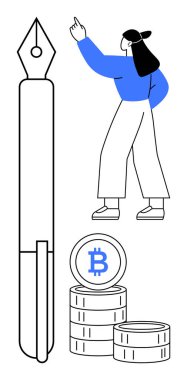 Büyük dolma kalem ve Bitcoin bozukluklarının yanında yukarı doğru hareket eden kadın, yeniliği, kripto para birimini ve finansal işbirliğini sembolize ediyor. Yaratıcılık, engelleme zinciri, fintech ve yatırımlar için ideal