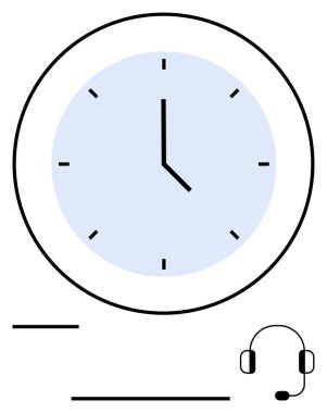 Kulaklıkla eşleştirilmiş mavi kadranda siyah saati ve dakikası dakikası olan dairesel saat. Üretkenlik, zaman yönetimi, müşteri hizmetleri, planlama, programlama, iletişim, iş hayatı için ideal