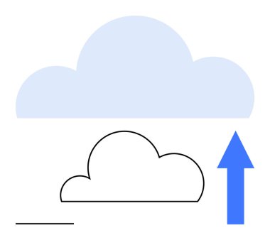 Yukarıdaki mavi bulutlar dosya yüklemesini ya da veri göçünü sembolize eden yukarı doğru oklu bulutlar. Dijital depolama, veri transferi, teknoloji, ağ paylaşımı, dosya paylaşımı, bulut hesaplaması için ideal