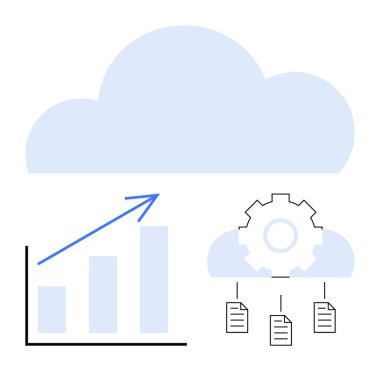 Yukarı doğru ok, vites sembolü ve dosyaları olan bir simge. Teknoloji, veri depolama, analitik, otomasyon, iş akışı yeniliği ve ilerleme için ideal. Düz basit metafor