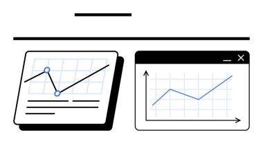 İki grafik veri eğilimlerini çizgi grafikleriyle gösteriyor, büyümeyi ve performans takibini vurguluyor. Analiz, araştırma, iş stratejisi, finans, eğitim, pazarlama teknolojisi için ideal. Düz basit