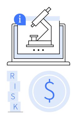 Dizüstü bilgisayarda mikroskop, daire içinde dolar işareti ve RISK 'i heceleyen bloklar. Araştırma, analiz, finans, risk yönetimi, yenilik, teknoloji bilimi soyut çizgisi için ideal