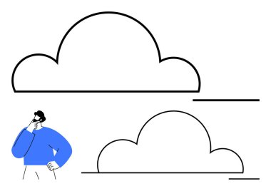Mavi tişörtlü minimalist insan figürü iki ana hatlı bulut şekli altında düşünüyor. Yaratıcılık, problem çözme, beyin fırtınası, yenilik, tefekkür, bulut hesaplama, eleştirel düşünme için ideal