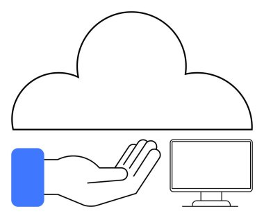 Dijital depolamayı temsil eden bir bulutun altında bilgisayar monitörünün yanında elini aç. Teknoloji, yenilik, bağlantı, veri paylaşımı, çevrimiçi hizmetler, bulut depolama bilişim çözümleri için ideal. Düz