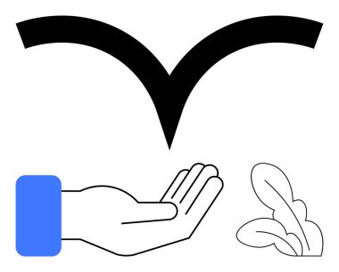 Uçan kuşun altında uzanmış el ve doğayı, özgürlüğü, özeni ve doğayı simgeleyen yapraklı bitki. Temalar için ideal destek, sürdürülebilirlik, beslenme, yardım, sağlık, barış ve minimalizm