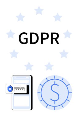 Yıldızlarla çevrili GDPR metni, güvenli girişi olan cep telefonu ve veri gizliliğini temsil eden bozuk para, para yönetmeliği. Gizlilik, yasal uyum, güvenlik, teknoloji ve finans için ideal