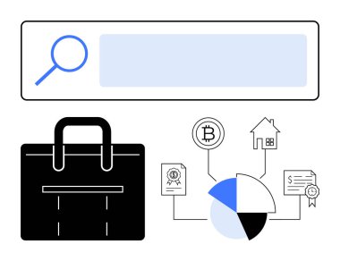 Büyüteç, arama barı, evrak çantası, Bitcoin 'li pasta grafiği, ev, sertifika. Finans, yatırım araştırmaları, kripto para birimi organizasyonu analizleri için ideal. Düz basit metafor