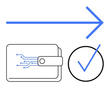Devre dizaynlı elektronik cüzdan, ilerlemeyi sembolize eden kalın ok, onay için kontrol işareti. Çevrimiçi ödeme, dijital finans, güvenlik, engelleme zinciri, kabul, başarı ve modern için ideal