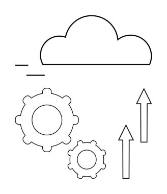 Yukarı bakan iki dişli ve oklu bulut, veri akışını, teknolojik yeniliği, gelişim sürecini ve ölçeklenebilirliği temsil ediyor. Bulut hesaplama, teknoloji, yenilik, ilerleme mekaniği için ideal