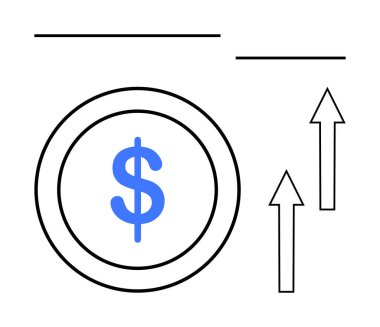 Yuvarlak paranın üzerindeki mavi dolar sembolü, kazanç ve başarıyı gösteren yukarı bakan iki ok. Finans, yatırım, ekonomi, tasarruf, büyüme ve iş stratejisi için ideal. Düz basit metafor