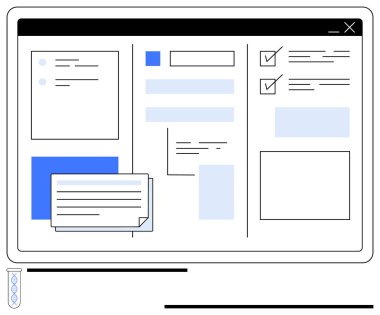 Düzenli arayüz görüntüleme formları, işaretli görevler, notlar ve metin girdileri. Üretim, planlama, veri örgütü, iş akışı yönetimi, dijital araçlar işbirliği ve daire için ideal