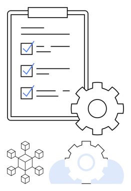 İşaretli kutular, dişli sembolleri ve küp ağlı kontrol listesi panosu. Proje yönetimi, görev izleme, iş akışı optimizasyonu, veri koordinasyonu, iş stratejisi için ideal