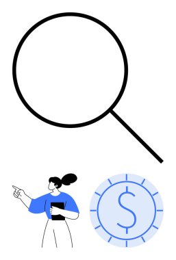 Büyük boy büyüteç, elinde bir defter, yanında da bir dolar olan bir kadın. Finans, odaklanma, hedef belirleme, analiz, ekonomi, iş stratejisi ve araştırma için ideal. Düz basit