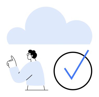 Büyük bir işaretin üzerindeki buluta doğru hareket eden kişi, başarıyı, bulut hesaplamasını ve veri doğrulamasını temsil ediyor. Başarı, bulut depolama, bağlantı, onay, yenilik verileri için ideal