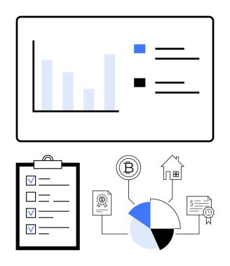Analizli bar grafiği, panodaki kontrol listesi, kripto para birimini, gayrimenkul ve belgeleri bir pasta grafiğine bağlayan bilgi grafiği. Finans, planlama, yatırım, engelleme teknolojisi için ideal