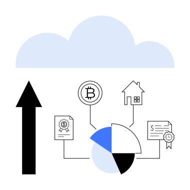 Turta grafiklerine, bitcoin 'e, eve, kontratlara ve kalın okla sertifikalara bağlı bulut. Finans, teknoloji, veri yatırımı, büyüme yönetimi için ideal. Düz basit