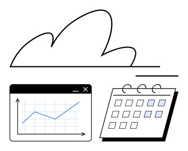 Bulut şekli, arayüzdeki veri grafiği ve takvim yönetimi, organizasyonu, planlamayı, analizi gösteriyor. Üretkenlik, zamanlama, teknoloji ekip çalışması veri depolama zamanı yönetimi için ideal