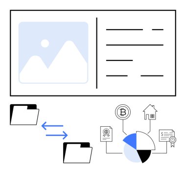 Dizinler arasındaki dijital dosya paylaşımı ve kripto para birimi, emlak ve sertifikalar da dahil olmak üzere tablolar ve simgeler aracılığıyla finansal verilerin görselleştirilmesi. Finans, teknoloji ve paylaşım için ideal