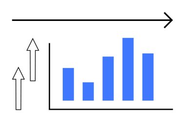 Yukarı doğru büyüyen mavi çizelge, ilerlemeyi ve büyümeyi vurgulayan kalın oklar. Ticari başarı, analitik, planlama, strateji, performans takibi, piyasa büyümesi için idealdir. Düz basit metafor