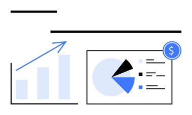 Yukarı doğru oklu bar tablosu, bölümlü pasta tablosu ve dolar işareti simgesi. Finans, büyüme, analitik, yatırım, istatistik sektöründe ilerleme için ideal. Düz basit metafor