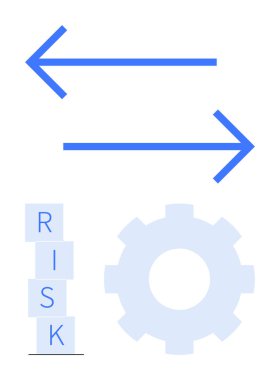 Mavi oklar zıt yönleri, vites simgeleri, istiflenmiş bloklar RISK 'i gösteriyor. Karar verme, strateji, denge, risk değerlendirmesi, sorun çözme, yenilikçi takım çalışması için ideal. Soyut çizgi