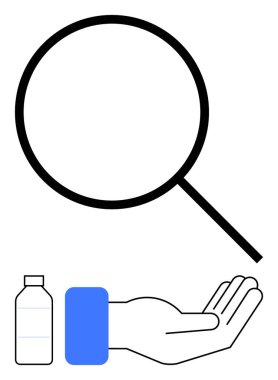 Şişenin yanındaki açık elin üzerinde yüzen büyük bir büyüteç. Araştırma, analiz, sürdürülebilirlik, çevresel farkındalık, kaynak yönetimi, geri dönüşüm, bilimsel keşif için ideal. Düz