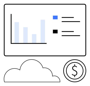 Gösterge panelinin içinde efsaneler, bulut depolama ikonu ve dolar işareti olan bir bozuk para olan bar çizelgesi. İş, veri analizi, finans, bulut hesaplama, bütçe teknolojisi planlama için ideal. Düz