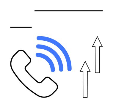 Mavi sinyal dalgalı telefon alıcısı ve yukarı bakan iki ok artan iletişimi, bağlantıyı, büyümeyi, veri transferini temsil ediyor. Teknoloji, ağ oluşturma, ilerleme ve yenilik için ideal