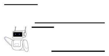Yatay çizgilerle çerçevelenmiş anten sallayan neşeli robot teknolojiyi, yapay zeka etkileşimini, fütüristik arayüzü, basitliği iletiyor. Otomasyon, robotik, eğitim ve teknoloji için ideal