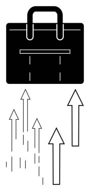 Siyah evrak çantası yukarı bakan oklarla birleşince gelişimi, mesleki gelişimi, başarıyı ve yükselen eğilimleri sembolize ediyor. İş, kariyer, yatırım, fırsat yönetimi için ideal