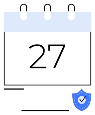 Kalın tarih 27 olan takvim sayfası, güvenlik işaretli kalkan amblemi. Program yönetimi, planlama, teslim tarihleri, veri koruması, organizasyon, iş-yaşam dengesi verimliliği için ideal. Düz basit