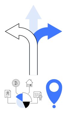 Farklı yönlere doğru birleşen üç ok karar verme mekanizmasını simgeliyor. Aşağıda, simgeler vitrin engelleme zinciri, ev, pasta grafiği ve sertifika. İş, yatırım, navigasyon planlaması için ideal