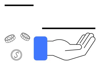 Mavi kollu açık bir el, madeni para alışverişini, hayırseverliği, yardımı, cömertliği, yatırımı, bağış toplamayı ve ekonomiyi simgeleyen düz bir metaforla yakınlara düşerken uzanır.