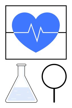 Dikdörtgende nabız çizgisi olan mavi kalp, sıvı laboratuvar şişesi ve büyüteç. Sağlık, bilim, tıbbi araştırma, tanı, yenilik analizi eğitimi için idealdir. Düz basit metafor