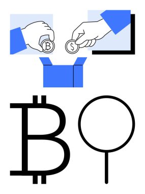 Eller Bitcoin ve Dolar sikkelerini açık bir kutuya bağışlıyor, yanında büyük bir Bitcoin sembolü ve büyüteç var. Finans, kripto para birimi, bağış, yatırım, işbirliği ve dijital için ideal