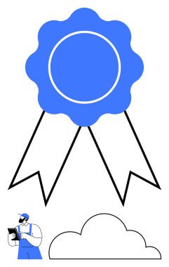 Kurdeleli büyük ödül rozeti, pano tutan küçük işçi figürü ve soyut bulut. Başarı, kalite, sertifika, kimlik, tanınan başarı teması için idealdir. Düz