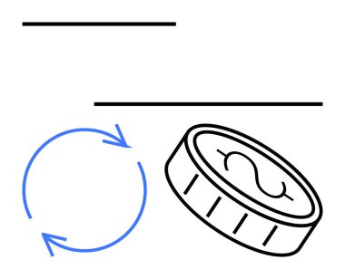 Para akışını, işlemleri veya döngüsel ekonomiyi gösteren dairesel okların yanındaki para işaretli sikke. Finans, ekonomi, işlem, tasarruf, ticaret nakit akışı bütçe konuları için idealdir. Düz