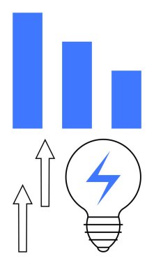 Mavi çizelge, yukarı doğru oklar ve ampul gelişimi, verimliliği ve yaratıcı çözümleri sembolize eder. İş, yenilik, enerji yaratıcılığı, girişimcilik, başarı teknolojisi için idealdir. Düz