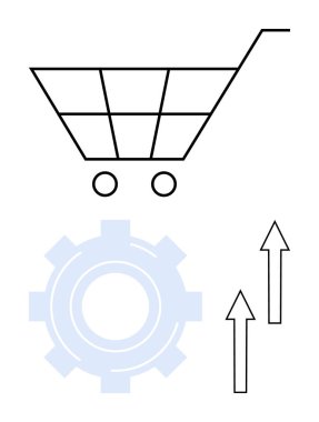 Bir vites ve iki yukarı doğru ok ile birlikte alışveriş arabası e-ticareti, yeniliği ve büyümeyi simgeliyor. Perakende, çevrimiçi alışveriş, iş optimizasyonu, teknoloji, ilerleme, pazarlama dairesi için ideal