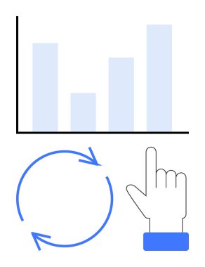 İlerlemeyi analiz eden çubuk çizelgesi, döngüyü ya da süreci sembolize eden dairesel ok etkileşim için el hareketi. Takım çalışması, veri analizi, süreç akışı, optimizasyon, kullanıcı arayüzü için ideal