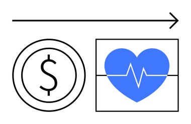 Mavi kalbe kalp atışı sağlayan bir işaret ve ileri ok. Finans, sağlık, ekonomi, yatırım, sigorta, bütçe analizi için ideal. Düz basit metafor