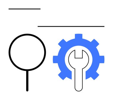 Vitesin yanında odaklanma çizgileri olan büyüteç ve anahtar sembolü keşif, araç gereç ve optimizasyonu temsil ediyor. Teknoloji, teftiş, araştırma, geliştirme, onarım ve yenilik için ideal