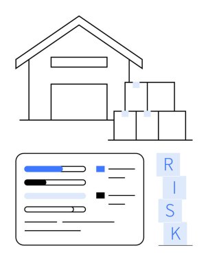 Depo yapısı istiflenmiş kutular, ilerleme çubukları ve envanter lojistiğini gösteren RISK metni, tedarik zinciri analizi, operasyonel verimlilik ve risk değerlendirmesi. Lojistik için ideal
