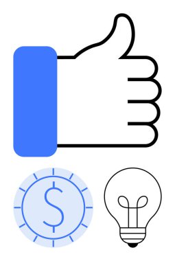 Bozuk para ve ampulün yanında jestler de onay, mali büyüme ve yaratıcılık temalarını vurguluyor. İş, yenilik, finans, onay ve takım çalışması için ideal bir başarı. Düz