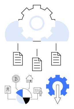 Vites ve bulut bağlantılı belgeler, engelleme teknolojisi, pasta grafiği, konut, para birimi. Bulut hesaplama, veri paylaşımı, engelleme zinciri, dijital finans teknolojisi yenilik veri entegrasyonu dairesi için ideal