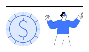 VR kulaklık takan kişi dolar işaretli büyük paraya doğru hareketler yapıyor ve modern parasal kavramları aktarıyor. Finans, teknoloji, yenilik, ekonomi, sanal gerçeklik, kripto para birimi, düz